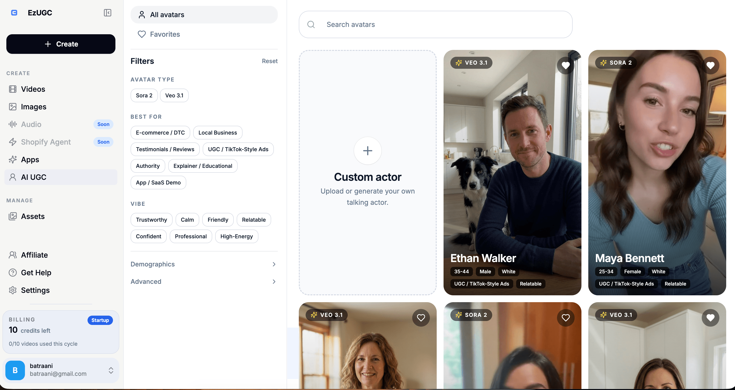 EzUGC avatar library dashboard for selecting presenters by use case, vibe, and demographics