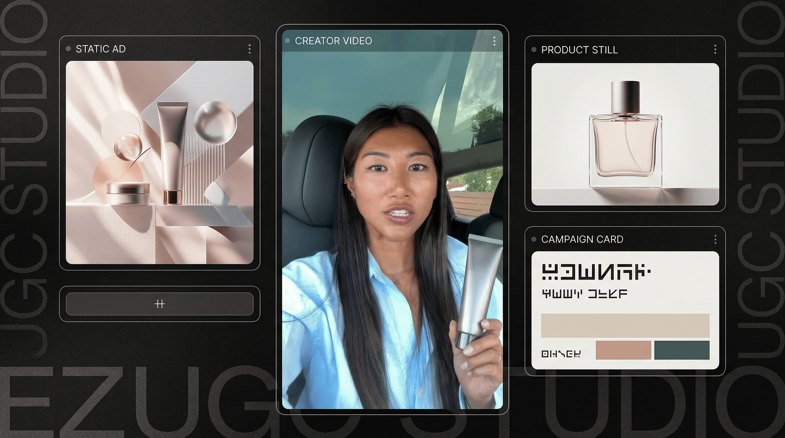 AI ad maker hero collage showing video, static, and product ad formats