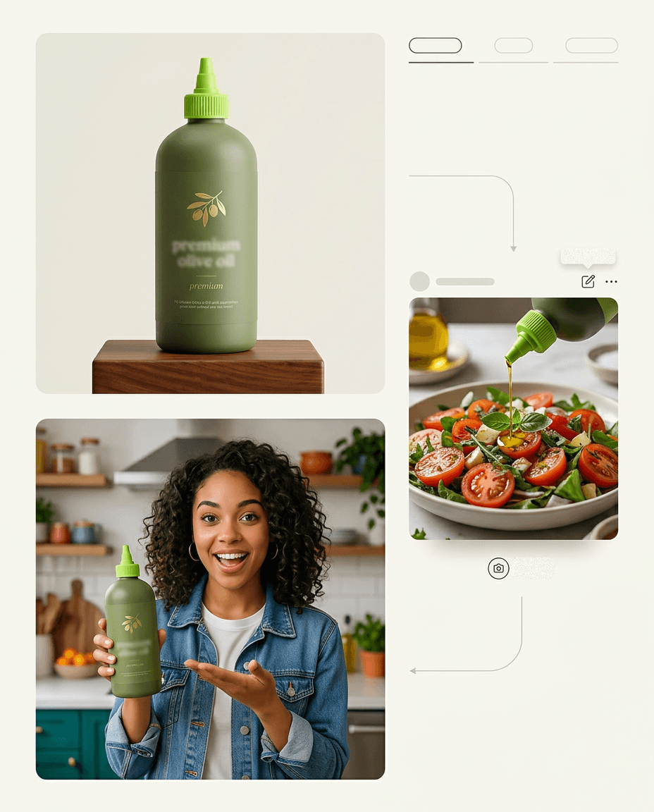 Product demo panel with product shot, creator, and lifestyle ad creative